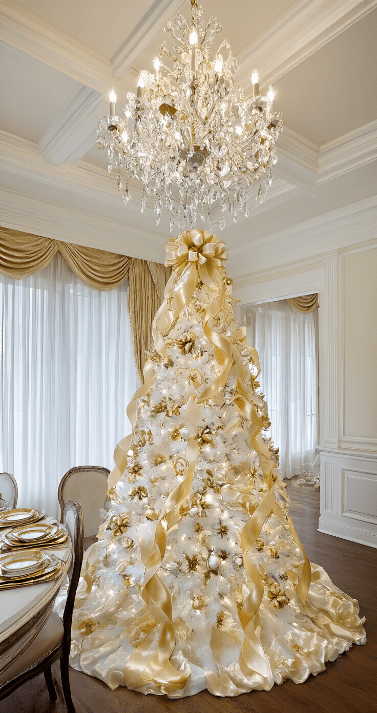 Luxurious dining room with a coffered ceiling and crystal chandelier, featuring a 7-foot white Christmas tree adorned with ivory and gold ornaments, and a formal dining table set with gold chargers, all illuminated by filtered late afternoon light.