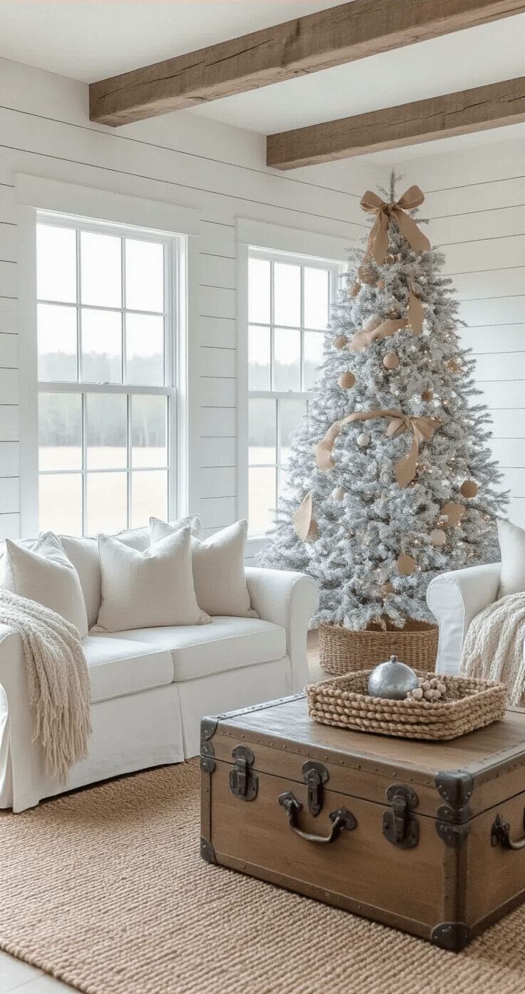 A cozy farmhouse-style family room featuring white shiplap walls, rustic beams, and an 8-foot white Christmas tree decorated with galvanized metal ornaments and burlap ribbon. Slipcovered furniture and a vintage trunk are visible, with soft overcast daylight streaming through the windows, captured from a corner angle to emphasize the room's depth.