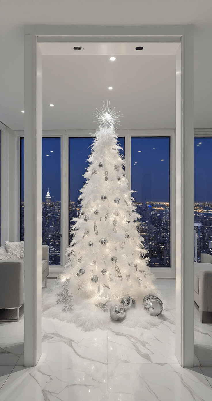 Modern penthouse living space featuring a 9-foot all-white Christmas tree adorned with frosted glass, feathers, and crystal ornaments, set against panoramic city views at night. The scene includes white marble floors and modern grey and chrome furniture, framed dramatically through a doorway, evoking a sophisticated urban holiday atmosphere with twinkling city lights visible through the windows.
