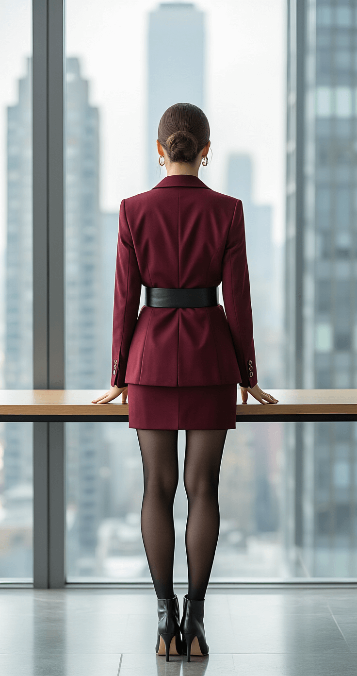 A professional woman in a burgundy blazer dress with a black statement belt and sheer black tights stands confidently in a modern office, framed by floor-to-ceiling windows showcasing a city skyline, while her sleek low bun and minimal gold jewelry add elegance to the polished ambiance.