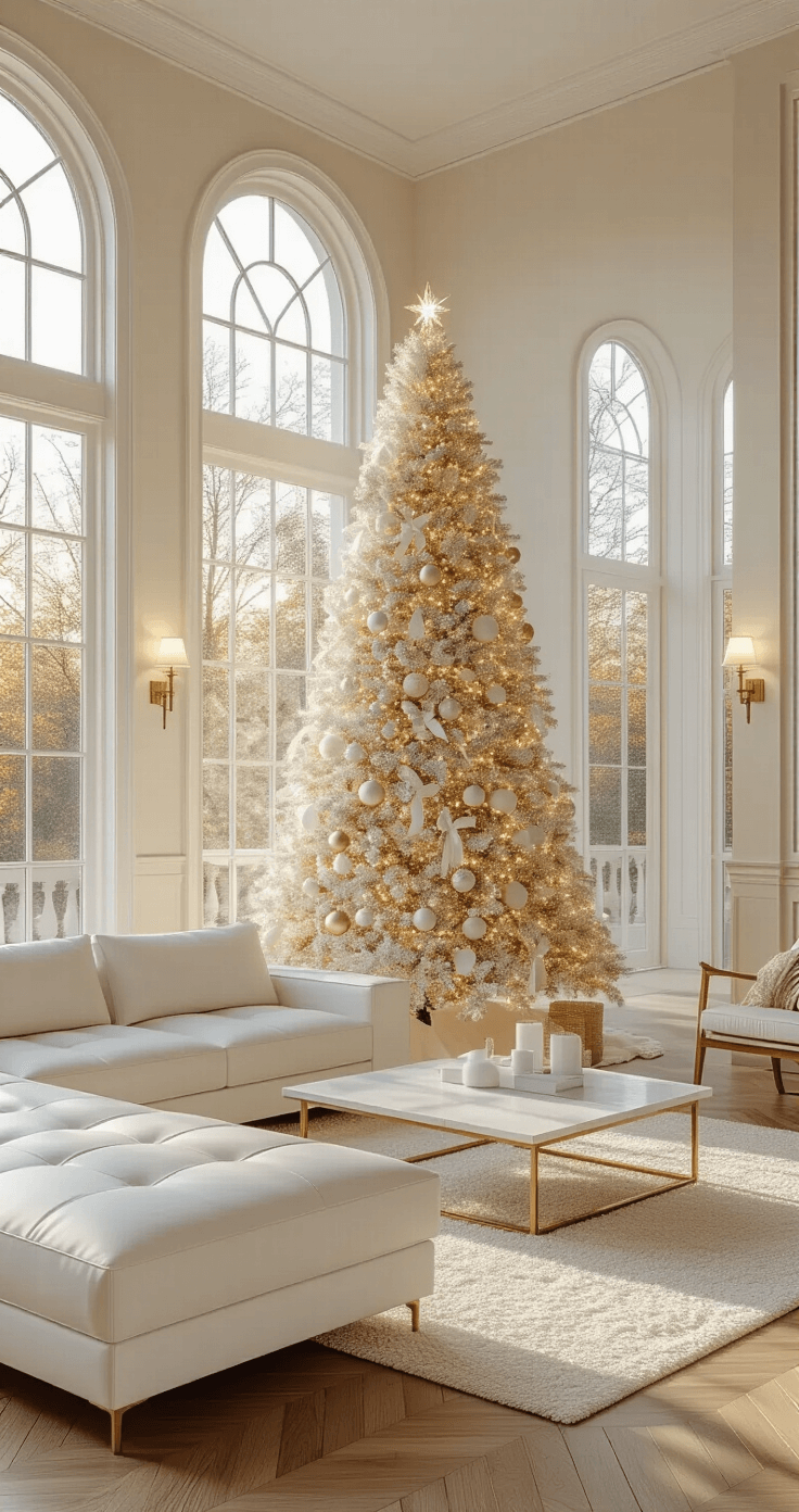 Elegant living room with cream-colored walls, a towering Christmas tree adorned with gold ornaments, and a modern white leather sectional, all illuminated by warm golden hour light filtering through large bay windows.
