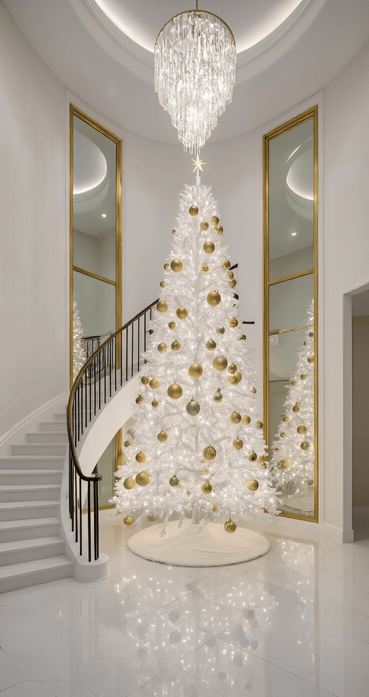 A luxurious contemporary foyer featuring a double-height entrance with a curved staircase and a crystal chandelier. A 7.5ft white artificial tree with gold ornaments stands prominently, reflecting light off white marble floors. A gold-framed mirror is mounted on the wall behind the tree, while dramatic uplighting casts shadows, enhancing the depth of the space.
