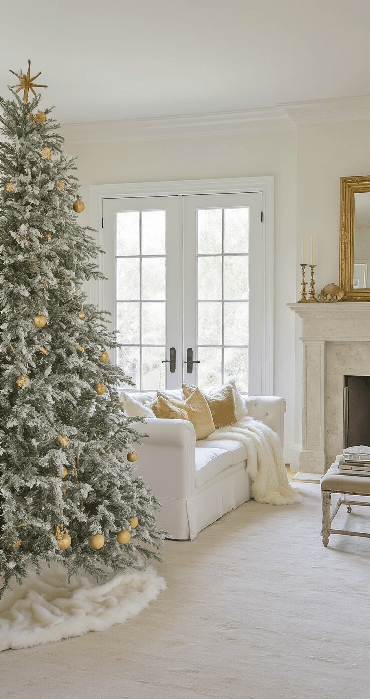 A beautifully decorated traditional family room featuring a white cotton velvet sofa with gold accent pillows, a cream wool throw, and a vintage gold mirror above a limestone fireplace. The space, measuring 15x18 feet, is illuminated by diffused natural light from French doors and adorned with a green Fraser fir tree with white flocking and gold decor, complemented by a white faux fur tree skirt.