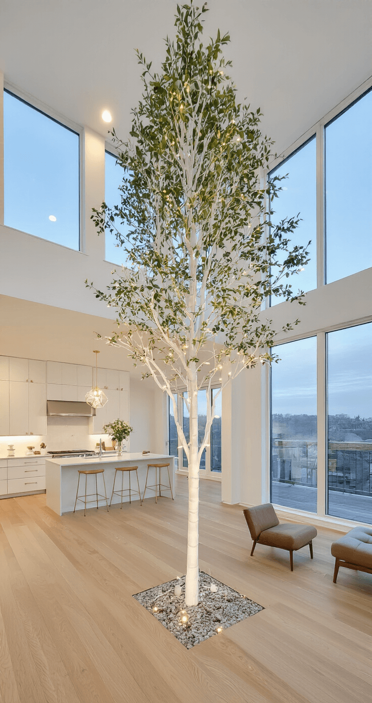 A modern open concept great room at dusk, featuring floor-to-ceiling windows and a slim white tree as the focal point. Minimalist gold geometric ornaments adorn the space, complemented by a warm/cool mix of LED lighting. The room has white oak floors, white walls, and brass fixtures, with a shallow depth of field highlighting the ornament details.