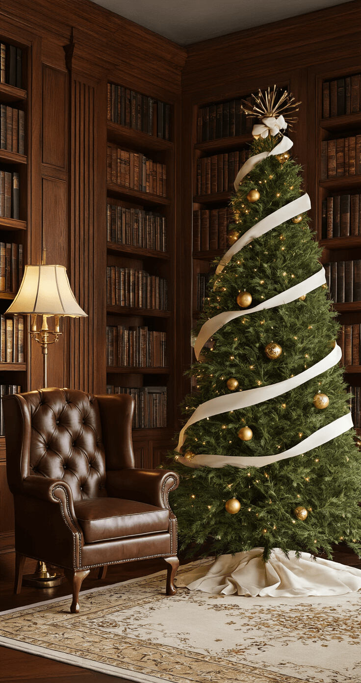 A cozy classic library at night features rich wood-paneled walls and built-in bookshelves filled with books. A tall green Christmas tree adorned with white ribbon and vintage gold ornaments stands elegantly in the corner, illuminated by warm lighting. A leather wingback chair and brass floor lamp complement an oriental rug in cream and gold tones, while a low camera angle captures the towering tree against the backdrop of books.