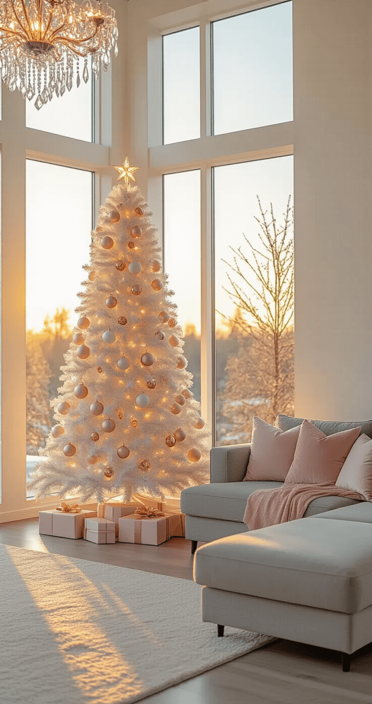 A modern living room featuring a 7.5ft white artificial Christmas tree adorned with pink baubles and rose gold ribbons, basking in golden hour sunlight, with a sleek gray sectional and blush pink throw pillows in the foreground, and a sparkling crystal chandelier above.