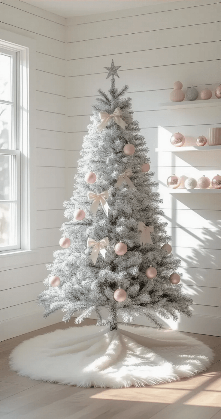 A minimalist Scandinavian-style room featuring white shiplap walls, a 6ft flocked white tree adorned with pale pink glass ornaments, silver tinsel, and cream velvet bows. Early morning light creates soft shadows, highlighting the white faux fur tree skirt and adjacent floating shelves displaying matching decor.