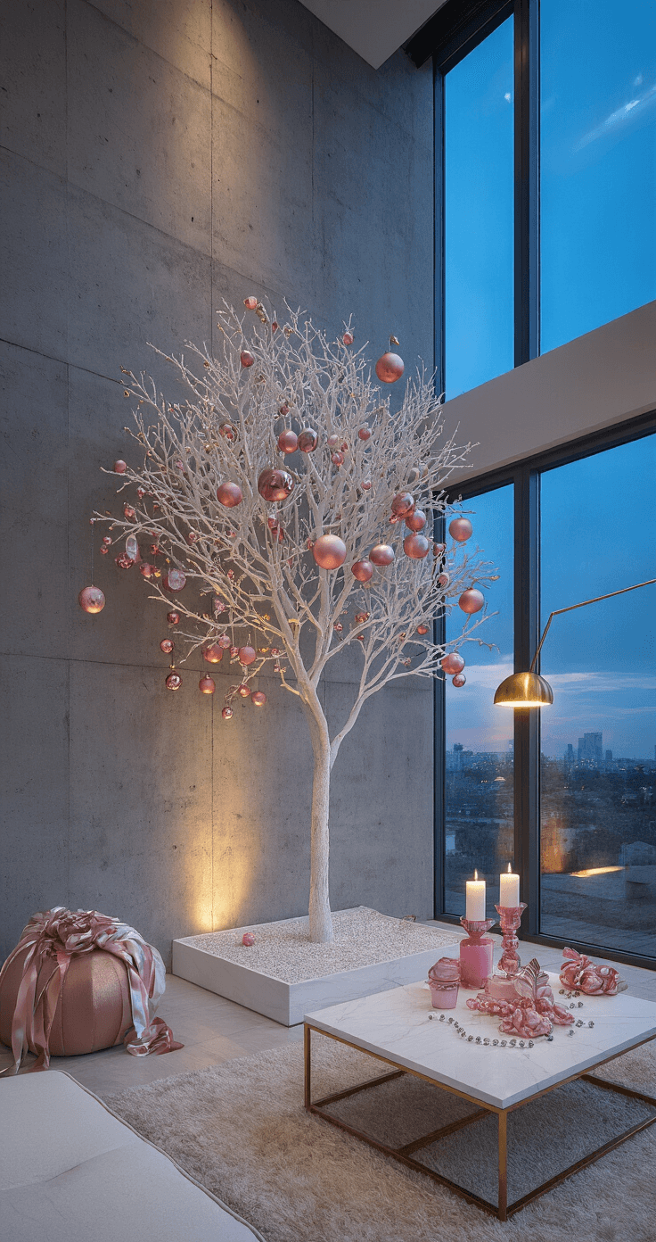 Contemporary open-concept room featuring a concrete accent wall, illuminated by blue hour light through large windows; an 8ft white textured tree adorned with ombré pink-to-rose-gold ornaments, metallic ribbon, and crystal drops stands at a 45-degree angle. A modern brass floor lamp uplights the space, while a white marble coffee table with pink seasonal accessories is in the foreground.