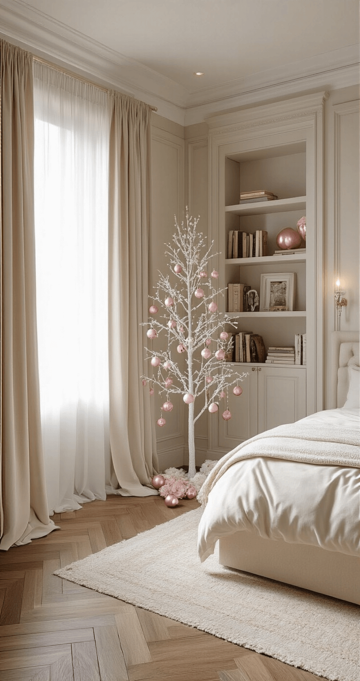 Boutique-style bedroom featuring herringbone hardwood floors, a slim white Christmas tree decorated with vintage pink ornaments and pearl garlands, an elegant cream upholstered bed, and ambient lighting from crystal sconces, all captured in soft late afternoon light.