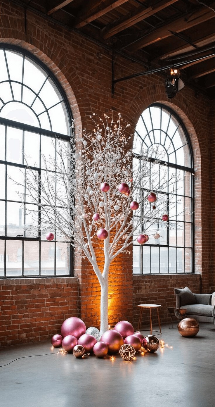 Industrial-chic loft with exposed brick walls and 14ft ceilings, featuring a 9ft white tree adorned with metallic pink spheres, geometric ornaments, and LED micro lights, illuminated by dramatic evening light from oversized arched windows. Copper accents and modern furniture complement the decor, with spot lighting emphasizing the tree's dimensionality.