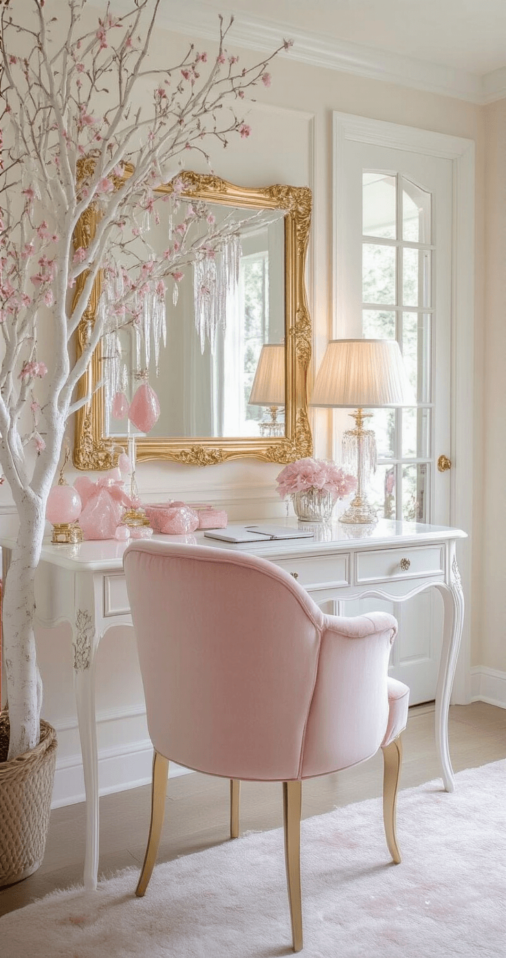 A stylish feminine home office featuring French doors, a white tree with pink velvet ribbons and rose quartz ornaments, a white lacquered desk, and a blush velvet chair, illuminated by mid-morning light and a crystal table lamp, all framed by the doorway.