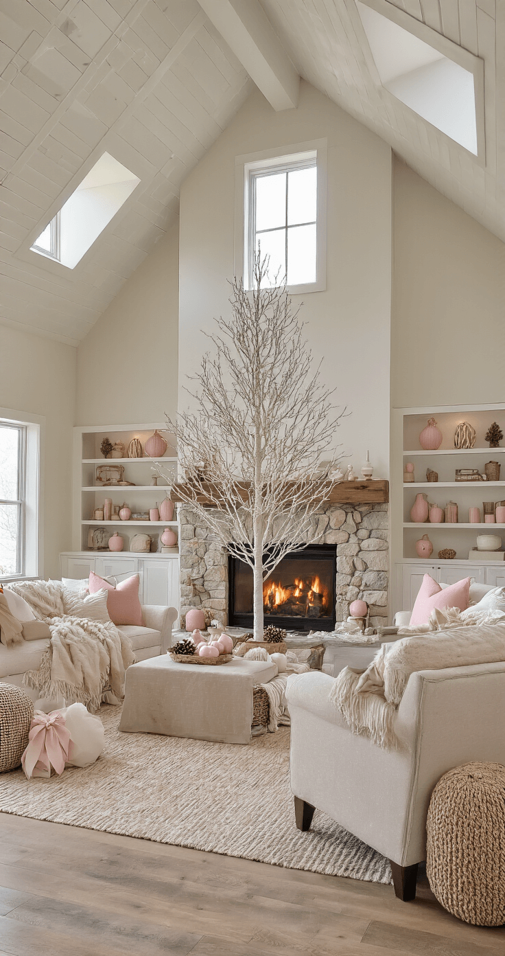 A modern farmhouse great room featuring a vaulted ceiling, illuminated by golden sunset light through clerestory windows. An 8ft flocked white tree stands between a stone fireplace and built-ins, adorned with matte pink ceramic ornaments, cream fabric bows, and white-painted pinecones. The room is decorated with neutral furniture and pink accents, with the fireplace casting a warm ambient glow.