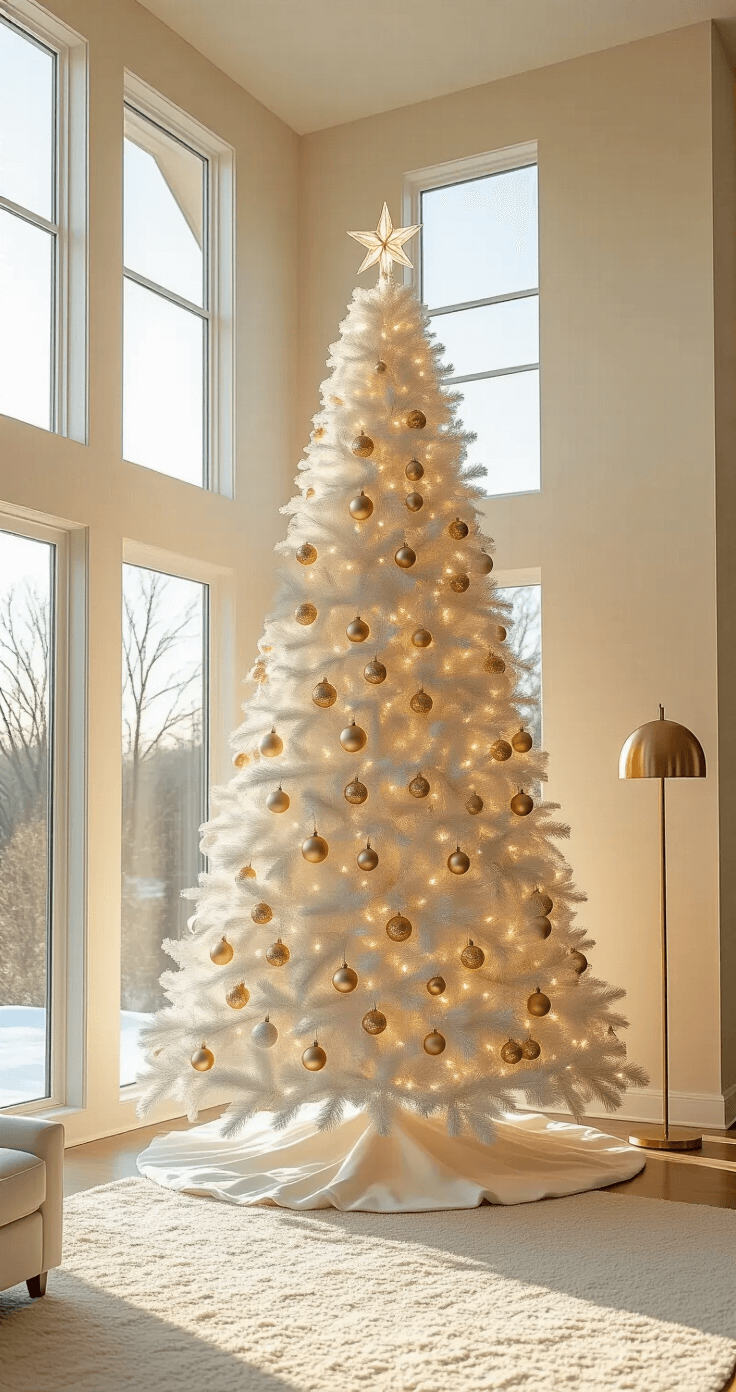 A lavish living room featuring a towering 9-foot white Christmas tree adorned with a gold gradient of ornaments, illuminated by 300 soft white lights. The scene captures floor-to-ceiling windows allowing golden hour sunlight to illuminate the space, highlighting a plush cream carpet and a modern brass floor lamp, all set against cream walls. The image is taken from a low angle, emphasizing the height and luxurious atmosphere.