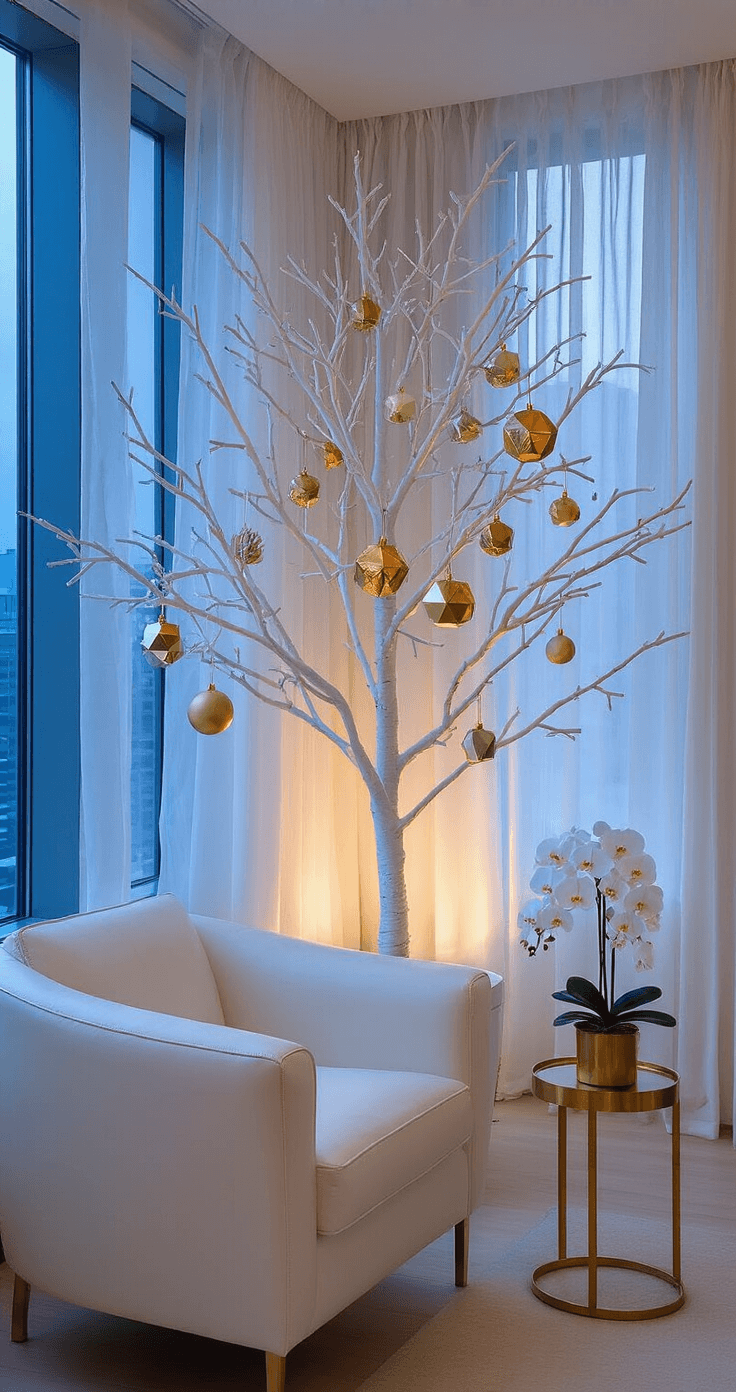 An elegant contemporary apartment corner during blue hour, featuring an 8-foot white tree in a bay window, draped with gauzy curtains and decorated with geometric gold ornaments. A modern white leather armchair is angled across from the tree, complemented by a brass side table with a white orchid. The scene captures a sophisticated urban luxury, blending ambient twilight with warm interior lighting.