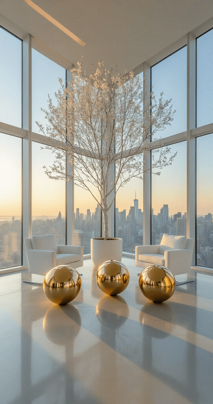 A minimalist penthouse great room at dawn, featuring a 7-foot white tree against floor-to-ceiling windows with a city skyline view. Oversized gold spheres are strategically placed on polished concrete floors that reflect the morning light, with white Barcelona chairs flanking the scene. The high camera angle captures the intricate reflection patterns and contrasts cool morning light with warm metallic elements, conveying a mood of architectural luxury.