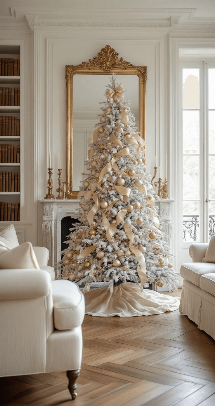 A traditional formal living room featuring an 8-foot white Christmas tree with vintage gold ornaments and champagne ribbon, flanked by built-in bookshelves. The elegant space has herringbone hardwood floors, cream silk upholstered furniture, and an antique gold mirror above a marble fireplace, illuminated by diffused midday light and soft box lights.