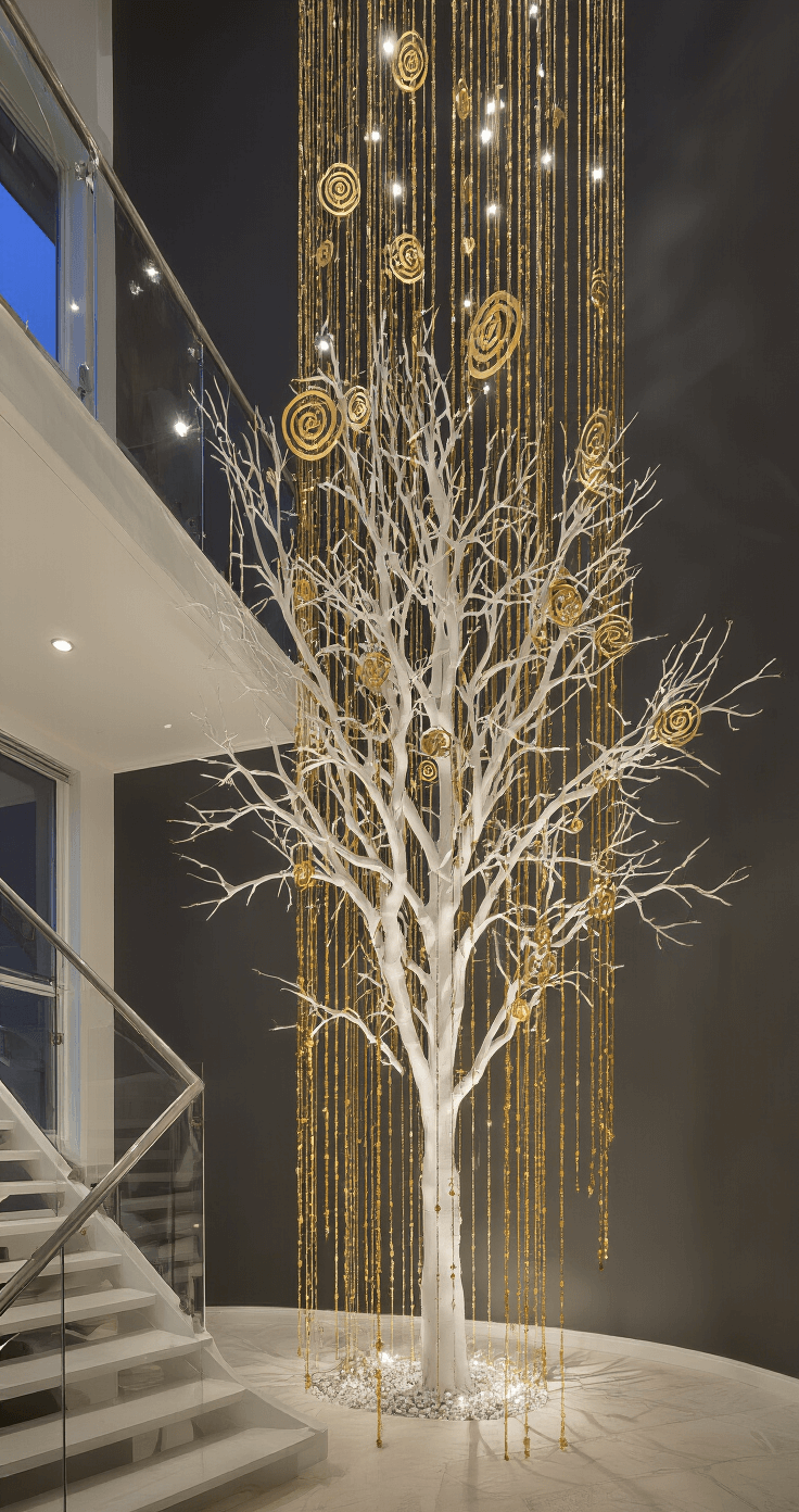 A dramatic modern foyer at dusk featuring a 10-foot white tree with gold chains and oversized ornaments against a charcoal wall. A floating staircase with glass balustrade leads up, illuminated by architectural lighting and a modern crystal chandelier above, creating a glamorous atmosphere.