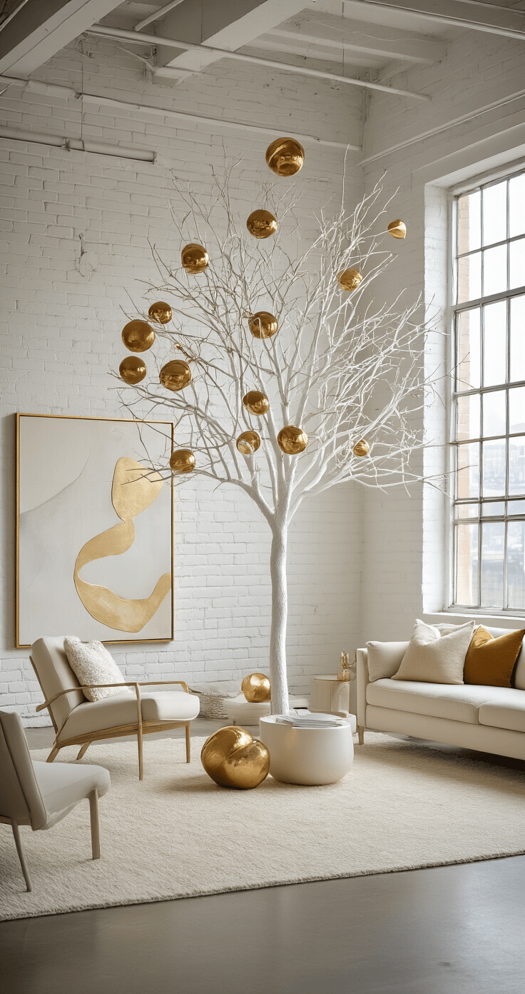 Gallery-style loft space bathed in morning light, featuring an 8-foot white tree adorned with gold sculptural ornaments and metallic mobiles, surrounded by modernist furniture in cream and gold. Large-scale abstract art complements the white-brick backdrop, with natural light streaming through industrial windows, creating an atmosphere of artistic sophistication.
