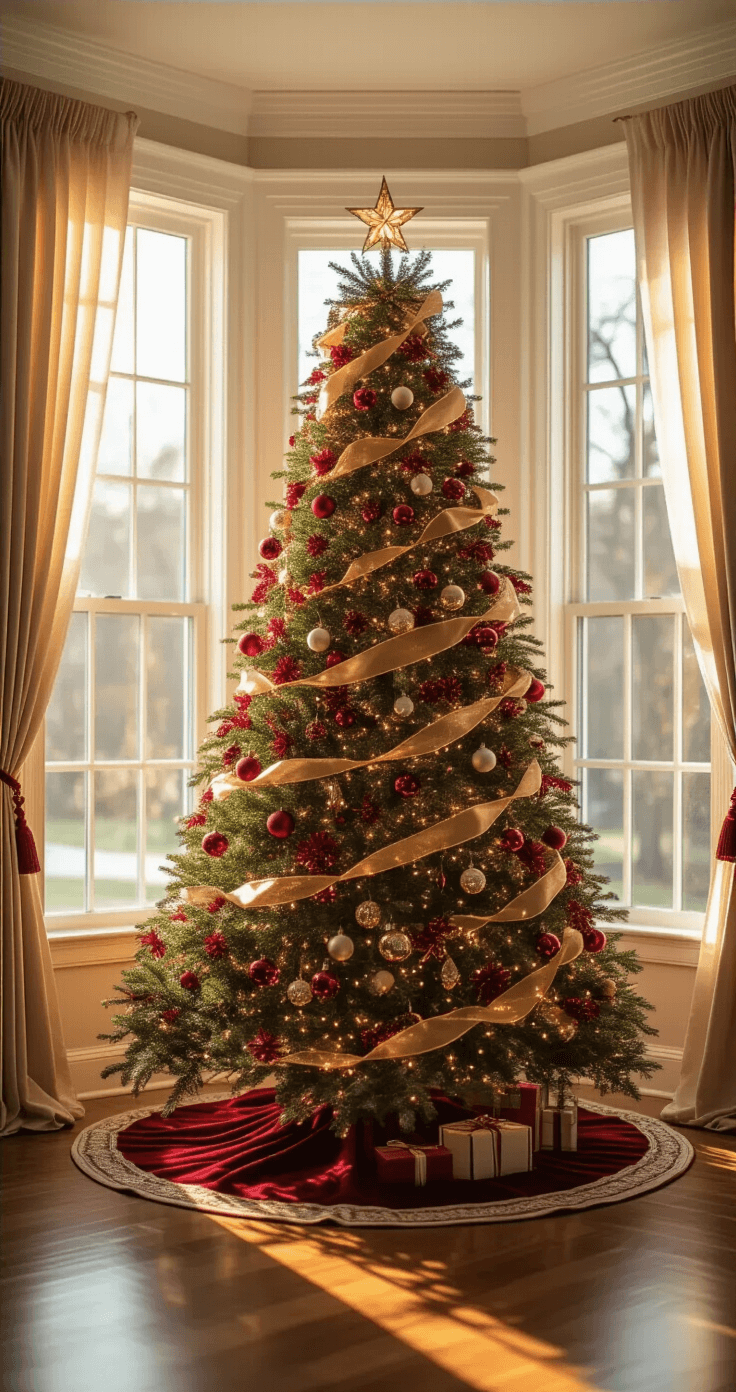 A cozy 12x14ft living room with a 7.5ft Fraser fir Christmas tree in a corner bay window, adorned in red and gold theme featuring velvet ribbons and vintage ornaments, illuminated by golden hour sunlight filtering through sheer curtains, casting long shadows on hardwood floors with traditional moldings.