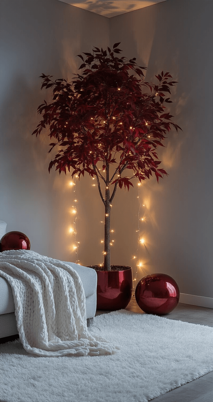 Intimate evening scene of a minimalist 10x12ft apartment living space featuring a slim artificial tree decorated in deep reds, dramatic uplighting casting shadows, and warm ambient fairy lights, with cool gray walls and a plush white rug.