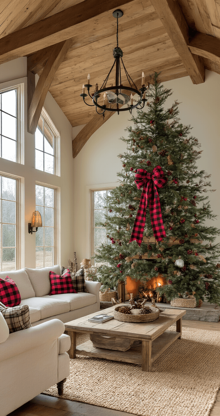 A spacious farmhouse-style great room with a cathedral ceiling and exposed beams, featuring a 9ft noble fir decorated with buffalo plaid ribbon and galvanized metal ornaments, illuminated by morning light through large windows. The stone fireplace and cream-colored furniture add warmth, while natural elements like pinecones enhance the rustic charm.