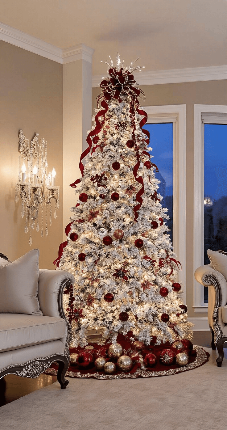 Luxurious formal living room at dusk, featuring an 8ft flocked artificial tree adorned with red crystal ornaments and metallic accents, highlighted by dramatic side lighting. Burgundy silk ribbons cascade from the tree's crown. The space is framed by high-end neutral-toned furniture, rich textures like velvet and mercury glass, and a color palette of wine reds, rose gold, and champagne. Shot from an elevated angle to showcase the full composition of the tree.
