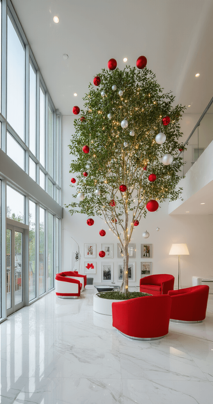 A contemporary open-concept room featuring floor-to-ceiling windows, filled with mid-afternoon light. A 10ft designer tree stands adorned with oversized matte red and white ornaments. The minimalist space showcases modern furniture against neutral walls and white marble floors that reflect tree lights, enhanced by metallic accents for a sophisticated look.