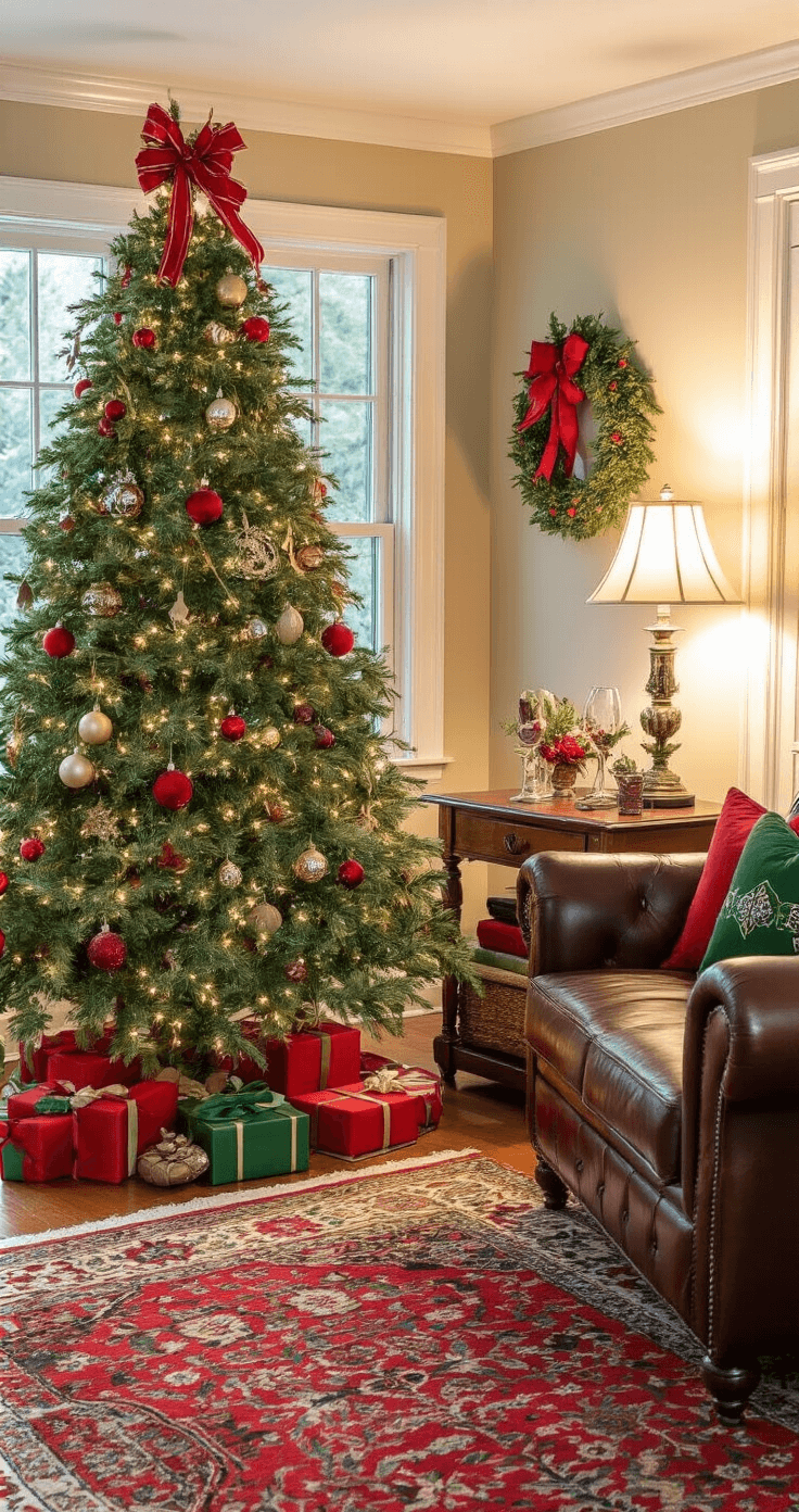 Cozy den featuring a traditional 7ft green spruce adorned with vintage mercury glass ornaments and ribbon bows, illuminated by golden hour light and warm table lamps, complemented by leather furniture and an oriental rug. The scene captures a classic red and green holiday theme, with rich textures of velvet, glass, and natural elements.
