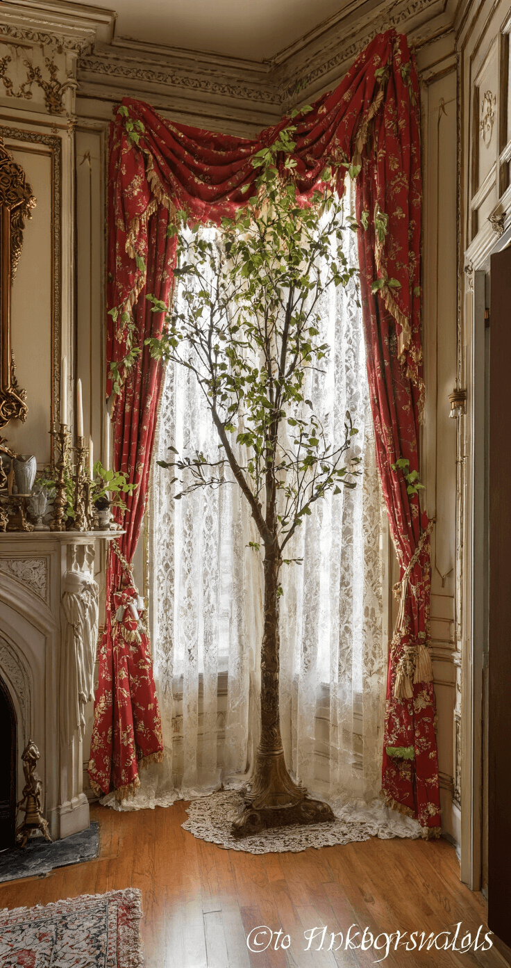 A Victorian parlor with period details features a traditional Christmas tree adorned with elaborate red, gold, and cream ornaments. Late afternoon light filters through lace curtains, casting a warm glow on the original hardwood floors and ornate fireplace mantel. The scene showcases rich jewel tones and metallic accents, creating an opulent atmosphere with vintage glass and crystal elements.
