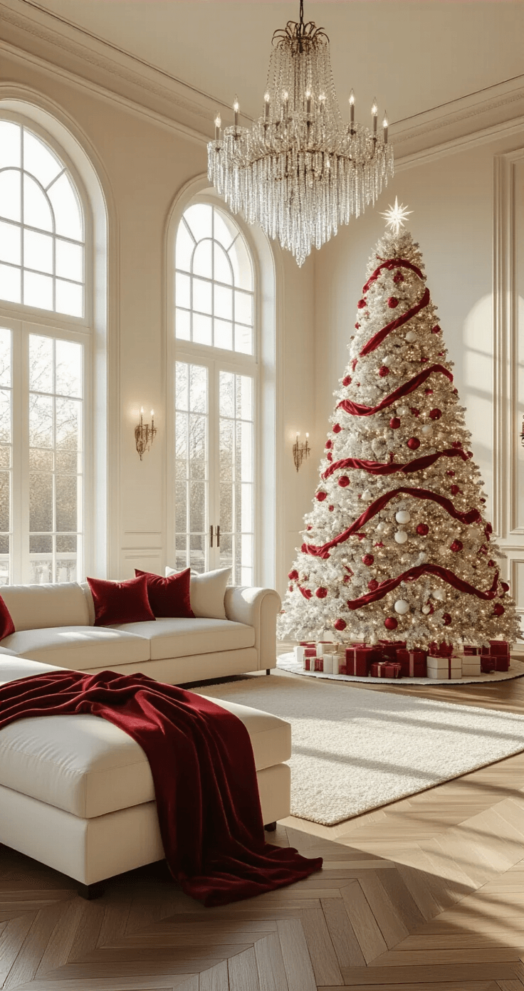 A grand living room featuring a 9-foot flocked white Christmas tree adorned with red velvet ribbons and mercury glass ornaments, illuminated by warm white lights. The scene is captured during golden hour, showcasing high arched windows and a crystal chandelier that casts prismatic reflections. A plush ivory sectional with crimson throws complements the cream-colored walls and herringbone hardwood floors, enhancing the festive atmosphere.