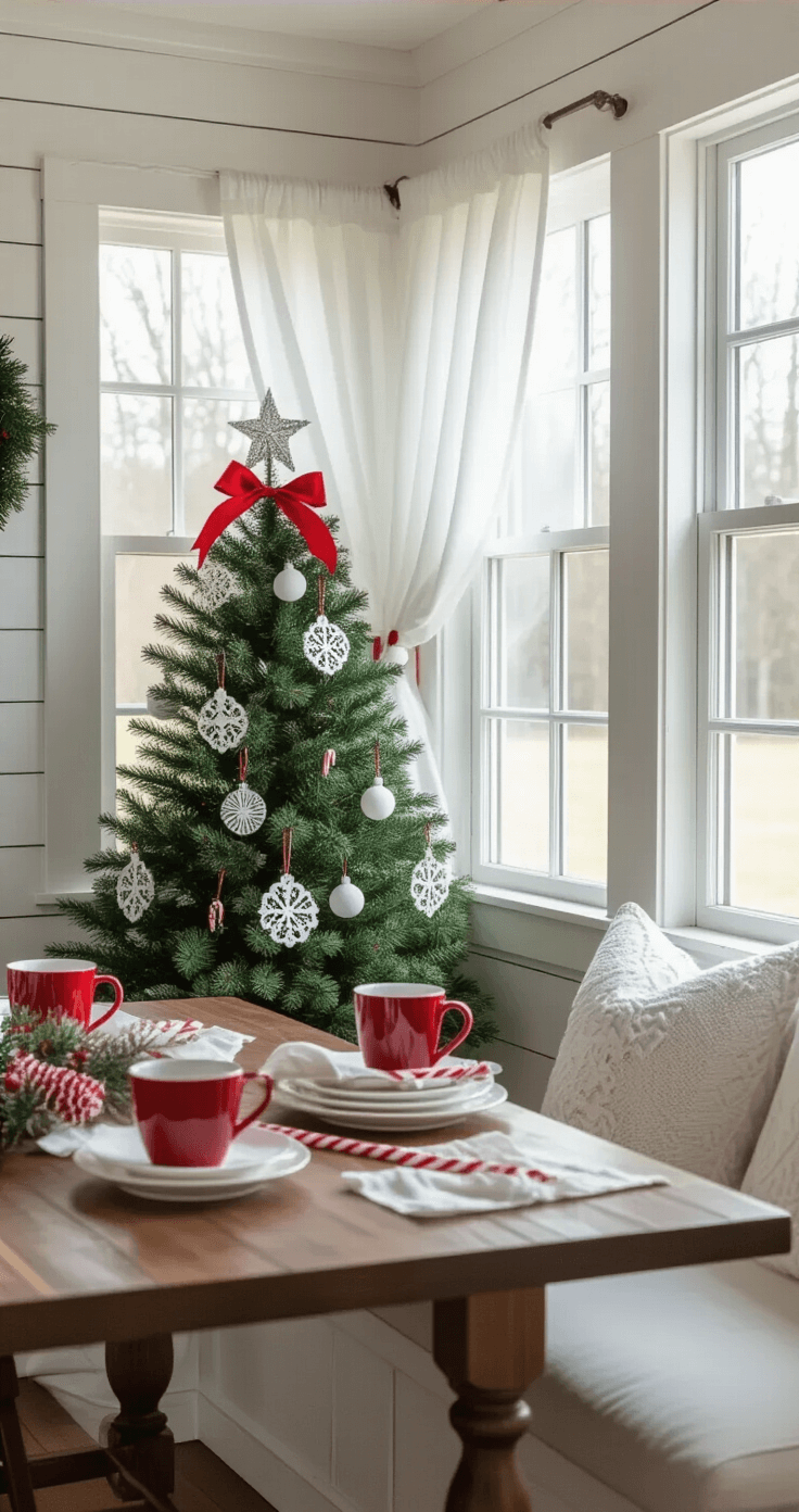Cozy breakfast nook with bay windows, featuring a Christmas tree adorned with handcrafted ornaments and red ribbons, white shiplap walls, dark wood farmhouse table, red ceramic mugs, and white linens, all bathed in warm morning light.