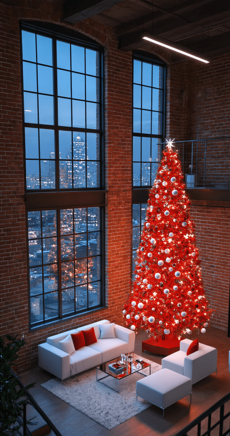 A modern minimalist loft featuring exposed brick walls and industrial windows, illuminated by blue hour lighting. An 8-foot slim artificial tree adorned with red and white decorations stands amidst contemporary chrome and white furniture, while an urban nightscape blurs in the background, creating a bokeh effect.