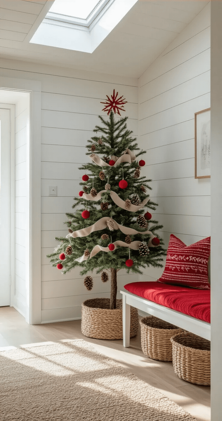 A Scandinavian-inspired entryway featuring whitewashed walls and a skylight, showcasing a 6-foot decorated pencil tree, a white bench with a red wool cushion, and a woven basket, captured from a high angle.