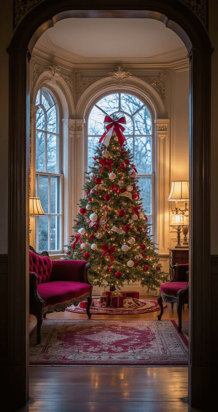A Victorian parlor at dusk featuring a traditional 8-foot Christmas tree adorned with red and white vintage decorations, viewed through a doorway with a natural vignette, highlighting period furniture including a burgundy velvet settee under warm and cool lighting.