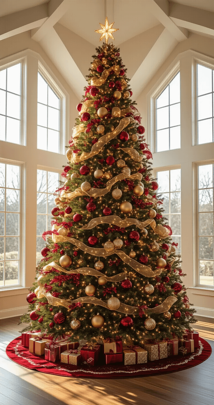 A grand 12-foot Christmas tree adorned with red and gold decorations stands centered in a spacious 20x24ft living room, featuring 14ft cathedral ceilings and morning sunlight streaming through floor-to-ceiling windows, highlighting the intricate ornaments and warm white LED lights.