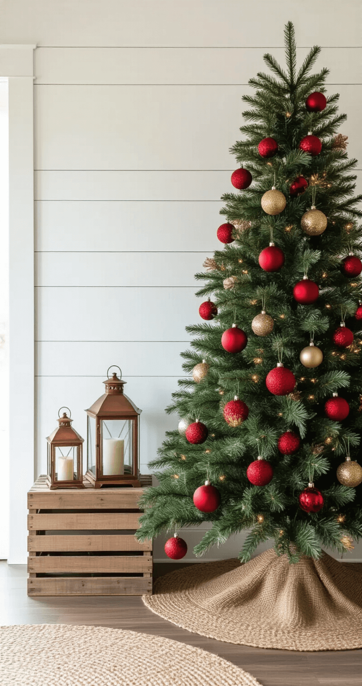 Interior corner of a modern farmhouse living room featuring a 7ft slim Christmas tree with matte red and brushed gold ornaments against white shiplap walls, vintage copper lanterns on rustic crates at the base, and a natural jute tree skirt, all warmly lit during golden hour.