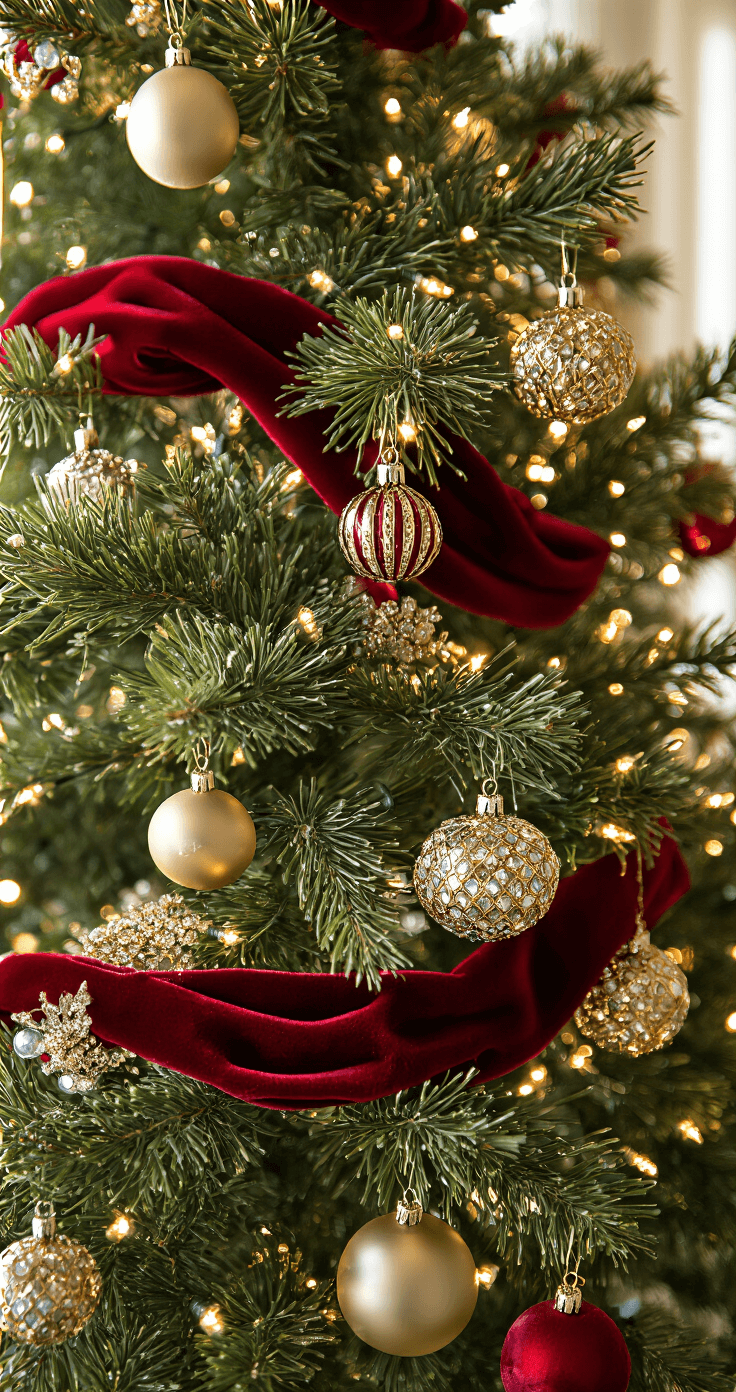 Close-up of a Christmas tree's middle section adorned with crimson velvet, metallic gold, and crystal-encrusted ornaments, illuminated by warm white lights, with rich emerald tree needles creating a dramatic backdrop.