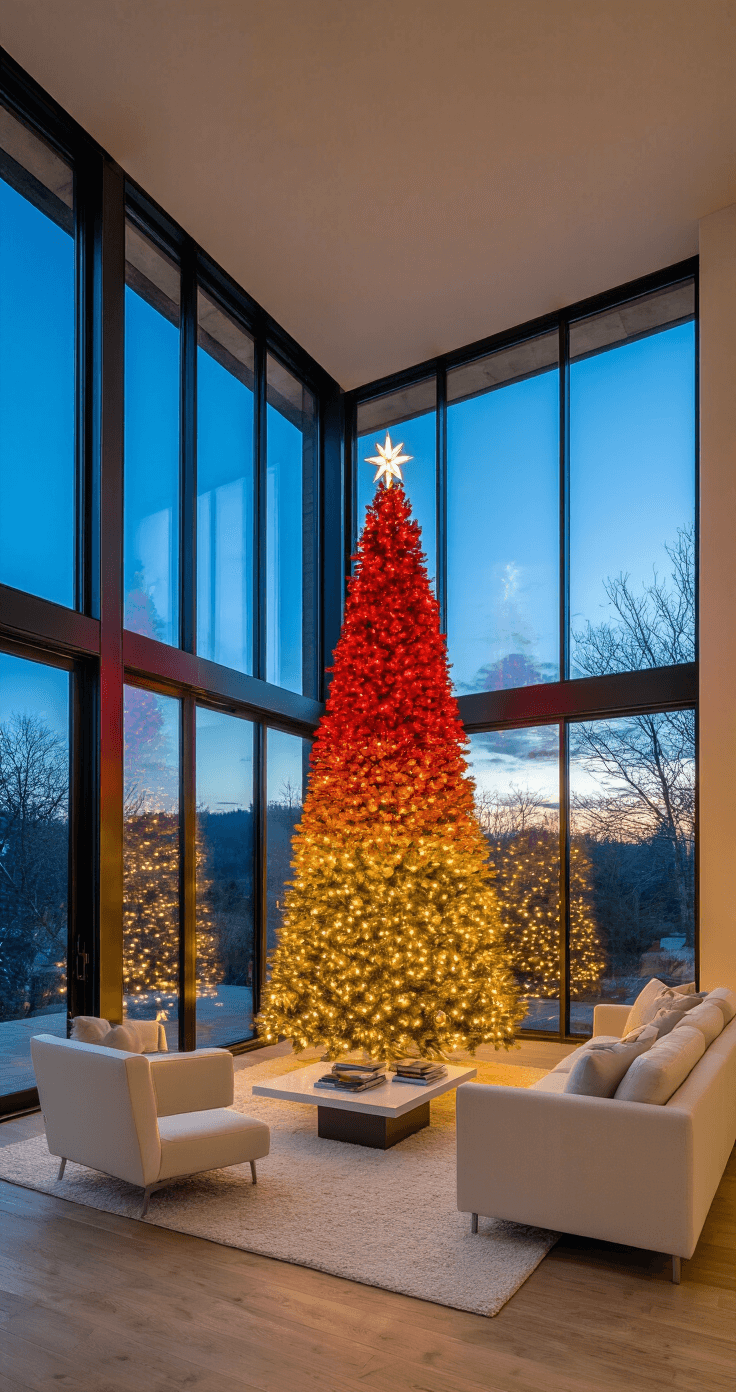 Wide-angle view of an open-concept great room with a 9ft ombré Christmas tree transitioning from gold at the base to deep red at the top, positioned between steel-framed windows. The scene is illuminated by the warm glow of interior lights and the cool blue hour light outside, complemented by minimalist cream Scandinavian furniture.