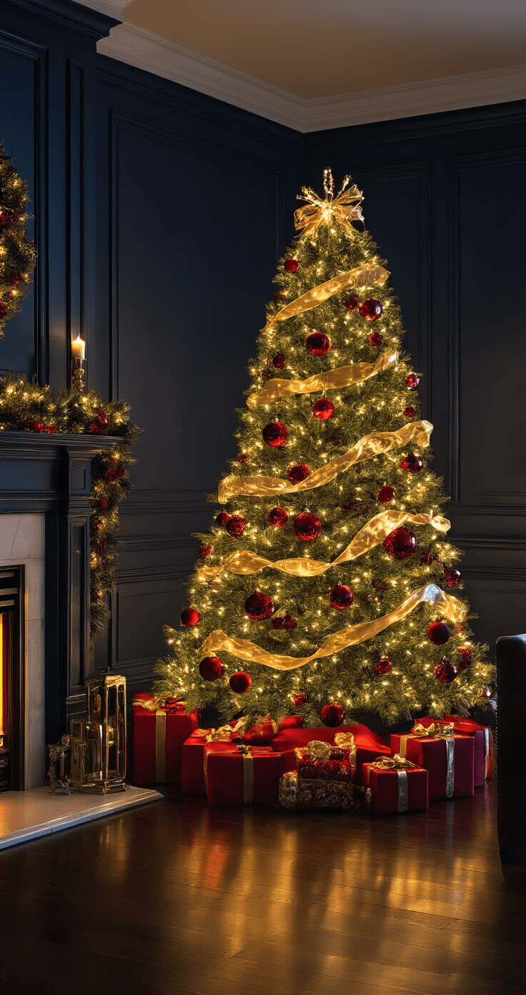 A warmly lit Christmas tree adorned with red mercury glass ornaments and gold metallic ribbon, set in a dark walnut-floored formal living room with deep navy walls, captured in a dramatic nighttime scene with a golden glow.