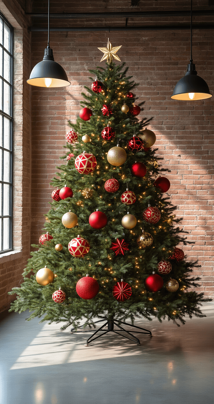 A daylight portrait of a contemporary loft's decorated 8ft Christmas tree against exposed brick, featuring oversized red and gold geometric ornaments, traditional spheres, and illuminated by industrial pendant lights, with concrete floors reflecting the tree's subtle lighting.