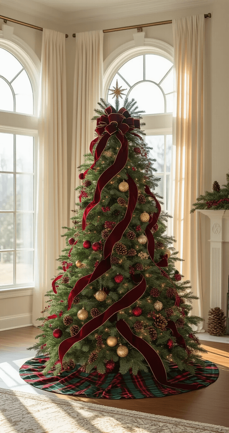 A majestic 9-foot Fraser fir adorned with crimson velvet and forest green plaid ribbons, traditional glass ornaments in emerald and ruby red, vintage gold accents, and natural pine cones, positioned in a large living room with golden afternoon light filtering through sheer curtains.