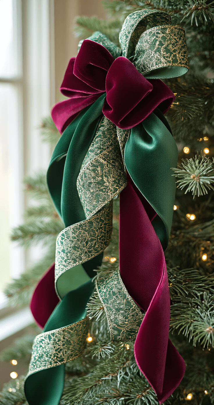 Close-up of a Christmas tree corner, showcasing emerald silk ribbon intertwined with burgundy velvet in an elegant cascade. The macro shot highlights rich textures and sheen variations, with soft window light creating shadows and twinkling LED lights in the background.