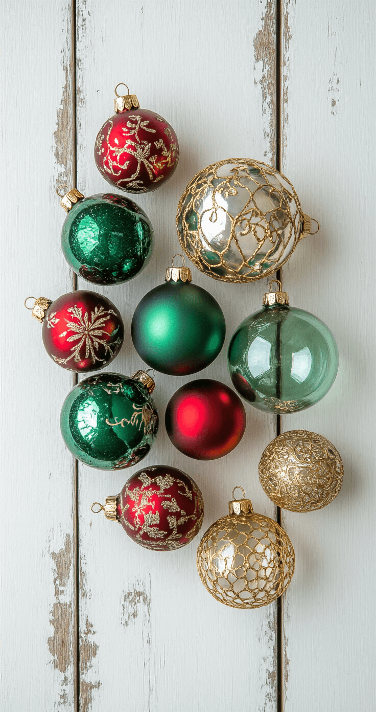 Overhead view of a curated collection of heirloom ornaments on a weathered white wooden table, featuring vintage mercury glass balls in deep forest green, hand-painted crimson baubles, delicate gold filigree pieces, and artisanal blown glass with visible craftsmanship, illuminated by natural light from north-facing windows.
