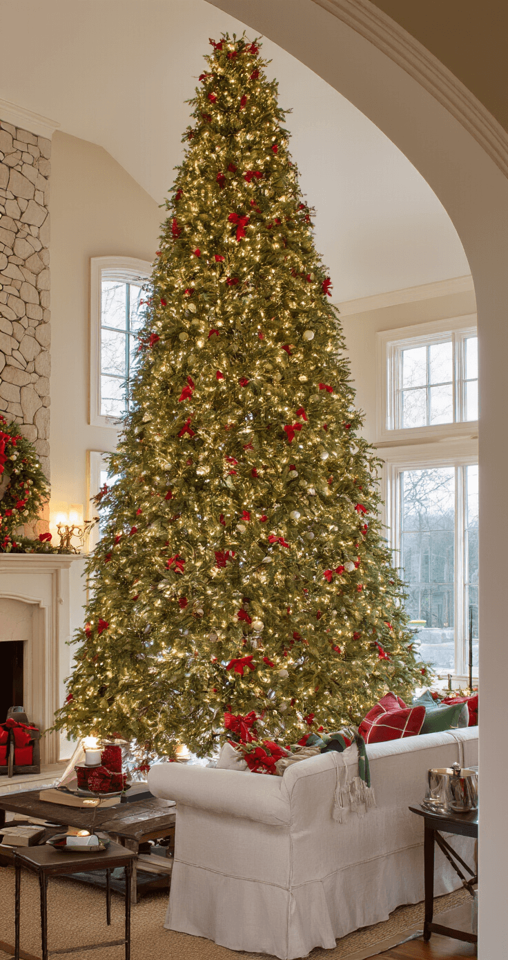 Wide-angle view of a formal living room featuring a 7.5' Christmas tree illuminated by lights, traditional red and green decor, matching wreaths above a limestone fireplace, and coordinated throw pillows on a cream linen sofa, with table settings visible through an archway, captured in early evening light.