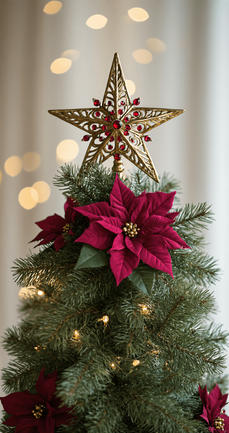 Close-up of a hand-crafted 14" antiqued gold star tree topper adorned with ruby red crystal accents, surrounded by preserved cedar and burgundy silk poinsettias, captured from an elevated angle with dreamy bokeh of tree lights below.