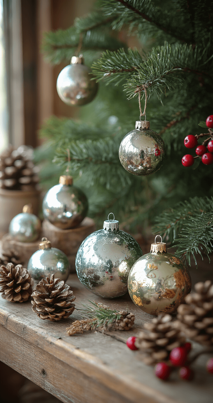 A cozy DIY ornament crafting scene beside a decorated Christmas tree, featuring vintage mercury glass ornaments in various stages of hand-painting on a rustic wooden workbench, with natural materials like pine cones and berry sprigs ready for use, bathed in soft morning light.