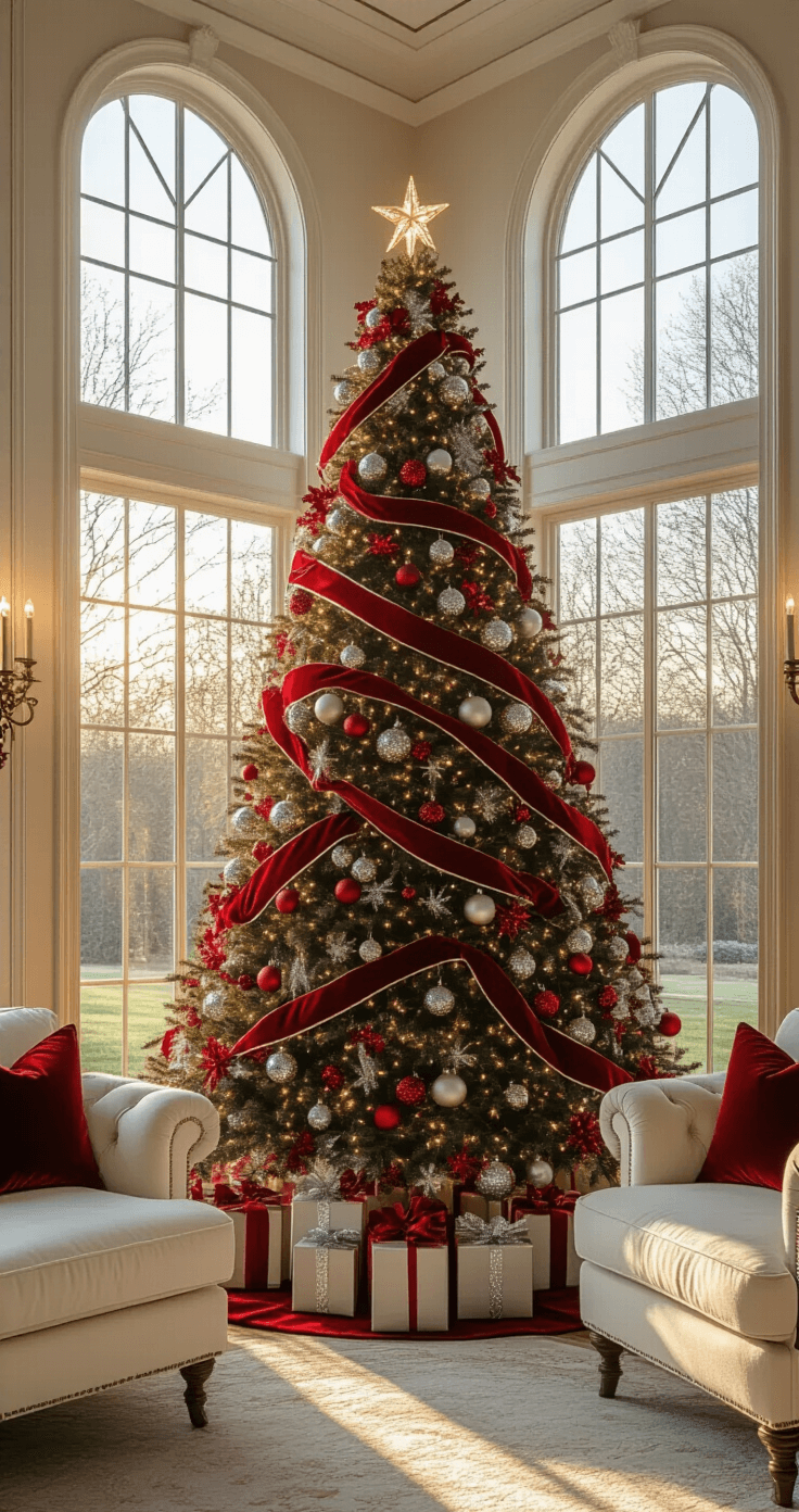 A hyperrealistic close-up of a grand living room featuring a 9-foot noble fir Christmas tree adorned with red and silver ornaments, illuminated by golden hour sunlight through floor-to-ceiling windows; plush cream furniture surrounds the tree, enhancing its festive allure.