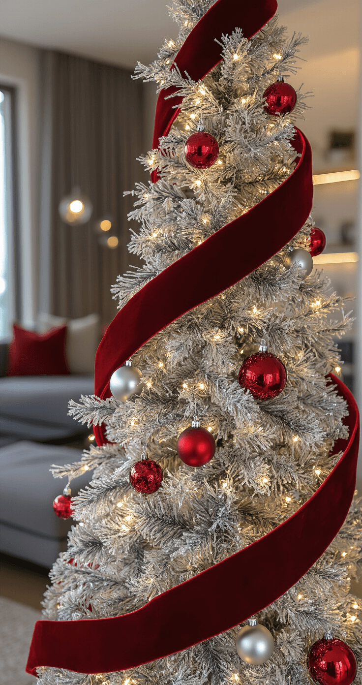 Intimate evening scene of a modern apartment living room, featuring a silver-flocked artificial Christmas tree adorned with thick matte red velvet ribbons and a mix of metallic and matte ornaments, with a contemporary grey sectional in the background.