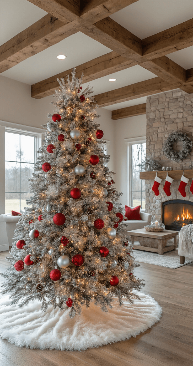A spacious rustic-modern great room featuring exposed wooden beams, warmly lit by late afternoon light and soft box lights. An 8-foot Christmas tree adorned with vintage mercury glass ornaments in red and silver sits on a white faux fur tree skirt. In the background, a stone fireplace displays hanging stockings, all within a wide-angle view from the entrance.