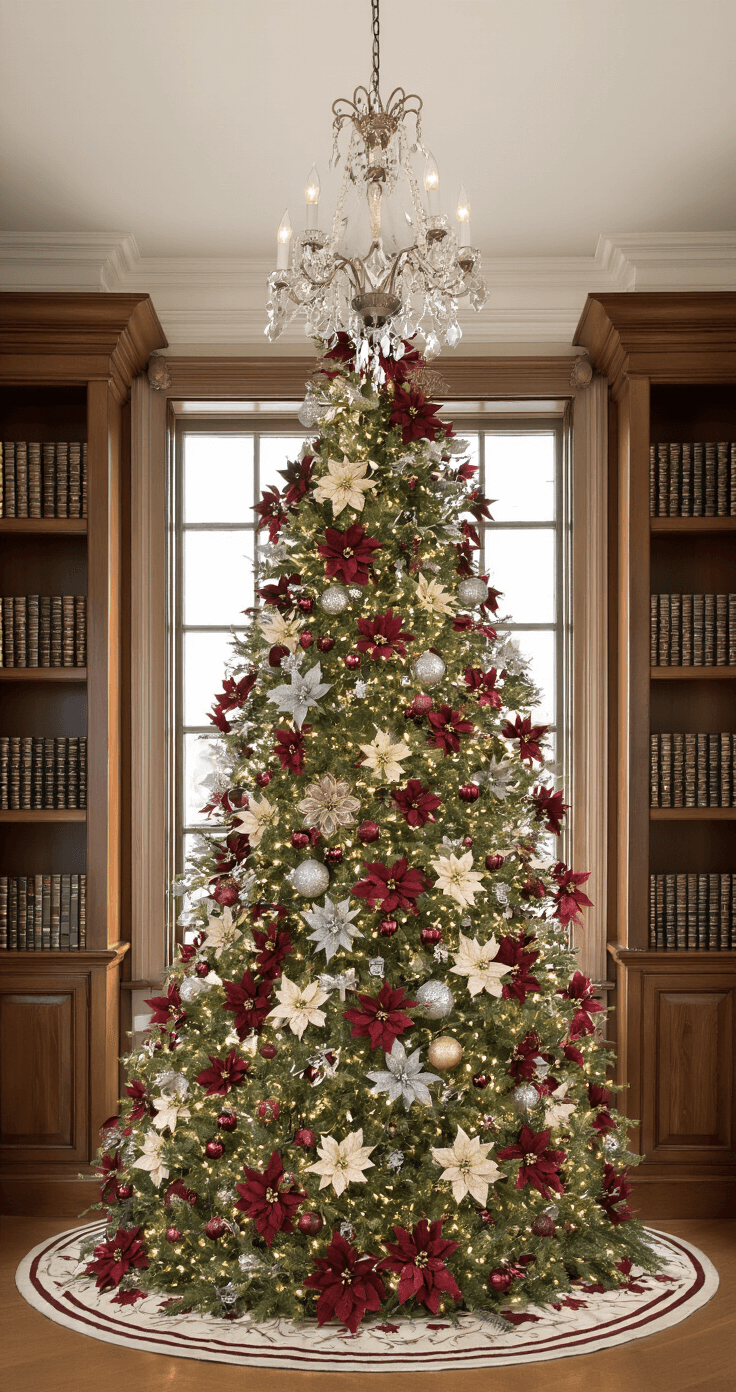 A traditional formal living room featuring an 18x22 layout with crown molding, bathed in morning light through sheer windows. A centrally positioned tree adorned with premium shatterproof ornaments in deep garnet and brushed silver stands between built-in bookcases, complemented by oversized glittered poinsettias. A crystal chandelier hangs above, and the image is taken from a slight elevation to highlight the entire tree and the strategic placement of ornaments, with a ring light illuminating darker areas.